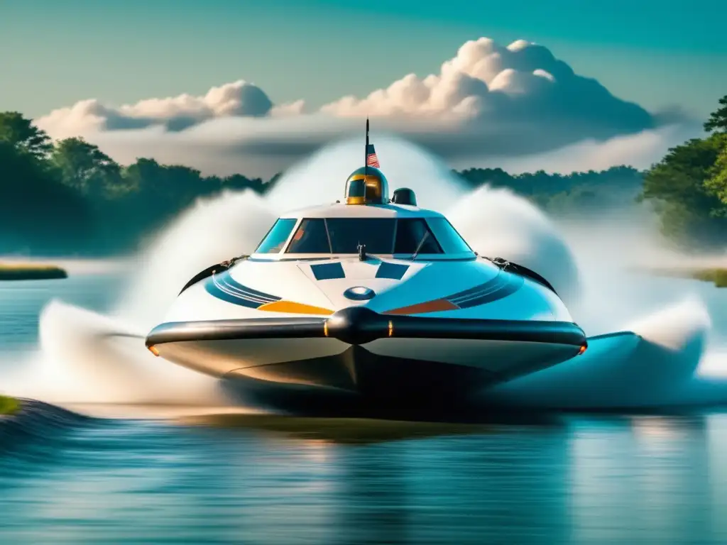 Hovercraft vintage de 8K surcando aguas serenas