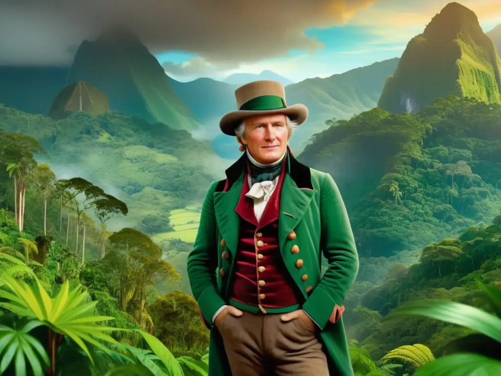 Imagen de Alexander von Humboldt en la selva tropical de Sudamérica, con colores vibrantes y paisajes majestuosos