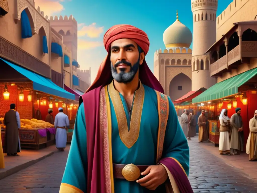 Ibn Battuta explorando una vibrante calle medieval en una ciudad europea, fusionando culturas y mostrando su diario de viaje y brújula