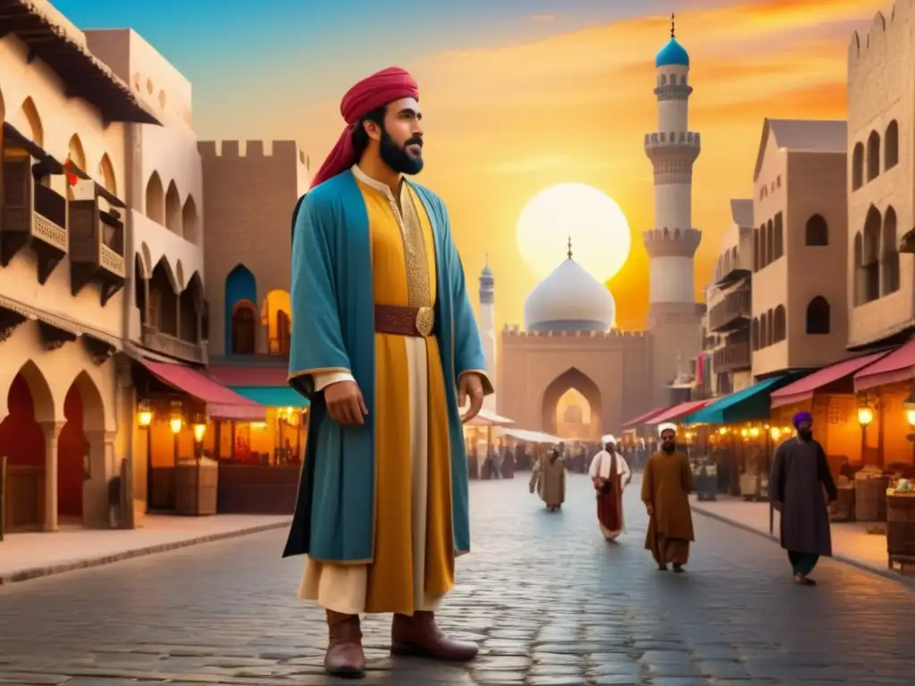 Ibn Battuta en Europa: Un viajero árabe en una ciudad medieval europea, rodeado de arquitectura impresionante y gente diversa