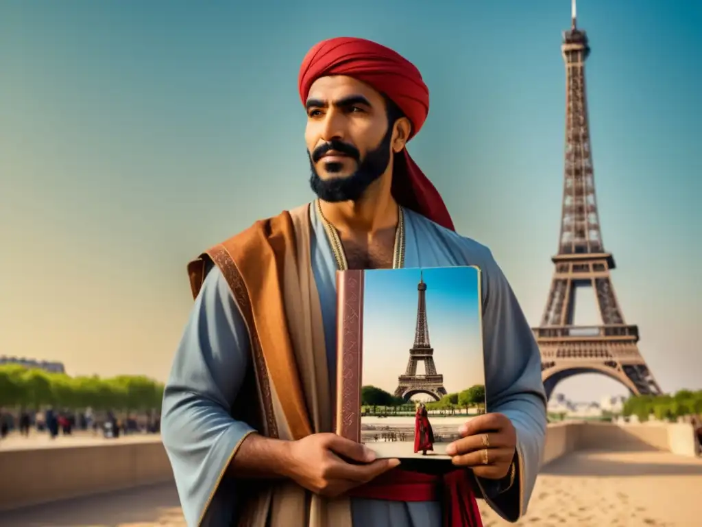 La travesía de Ibn Battuta por Europa: Un recorrido único - Imagen detallada del explorador frente a la Torre Eiffel en París, Francia