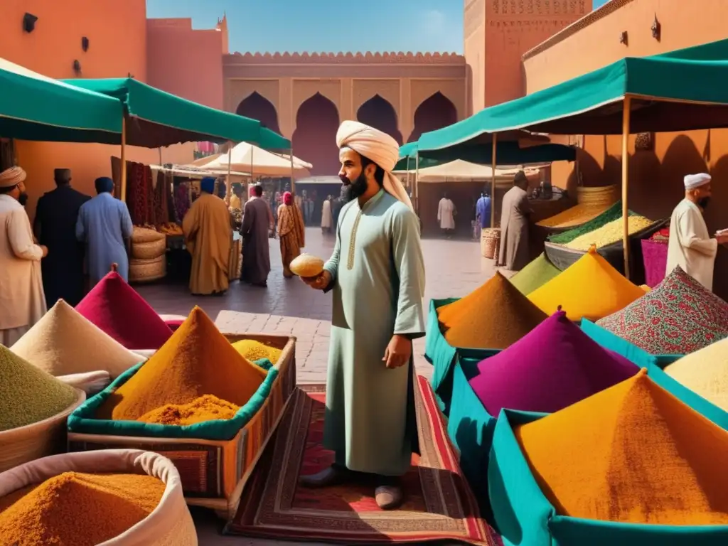 Ibn Battuta en un mercado bullicioso de Marrakech, Marruecos: textiles, especias y frutas exóticas, vendedor y arquitectura ornamental