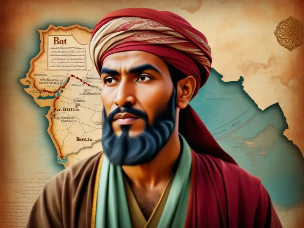 Retrato de Ibn Battuta, explorador marroquí del siglo XIV, con ropa tradicional, turbante y mirada de determinación y curiosidad