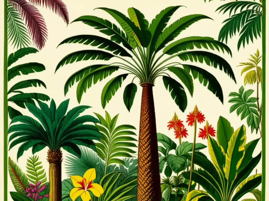 Ilustración vintage de la Expedición Botánica de Mutis con exóticas plantas, colores vibrantes y detalles intrincados