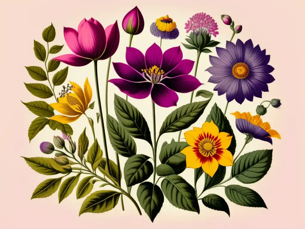 Ilustración vintage de plantas y flores, destacando el legado de Mutis en la botánica