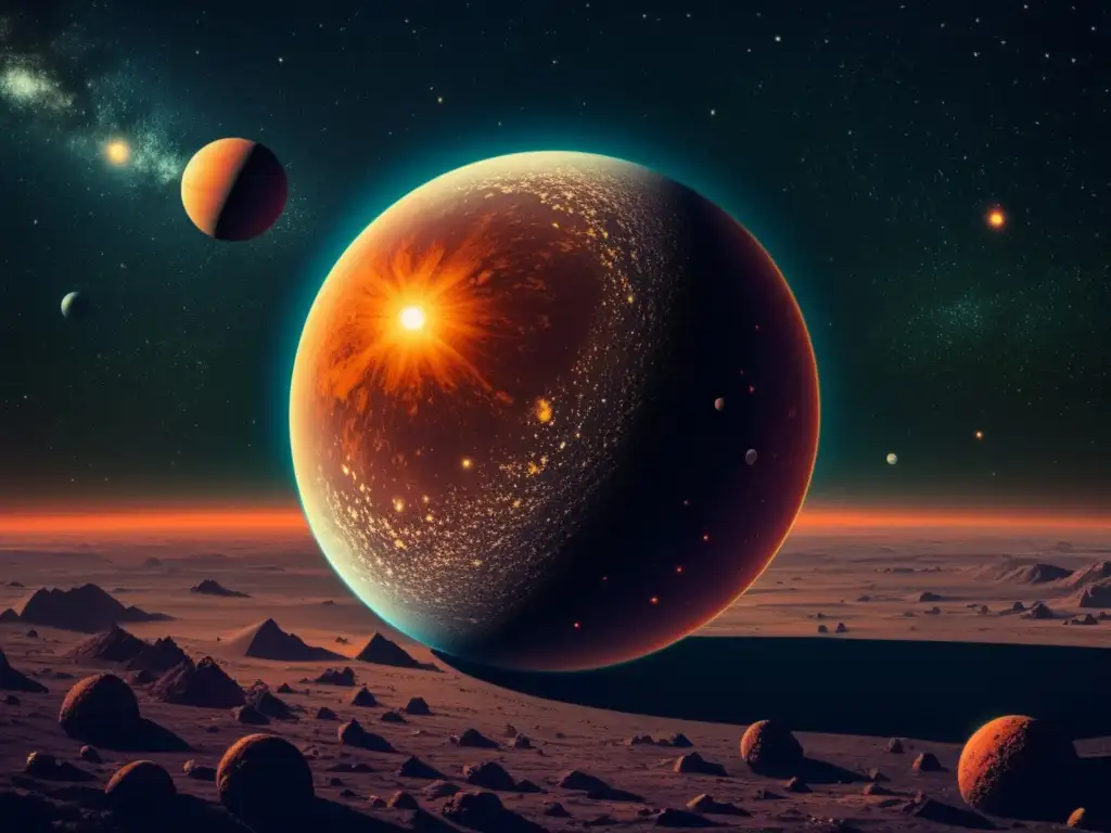 Ilustración vintage de un exoplaneta similar a la Tierra en una galaxia estrellada