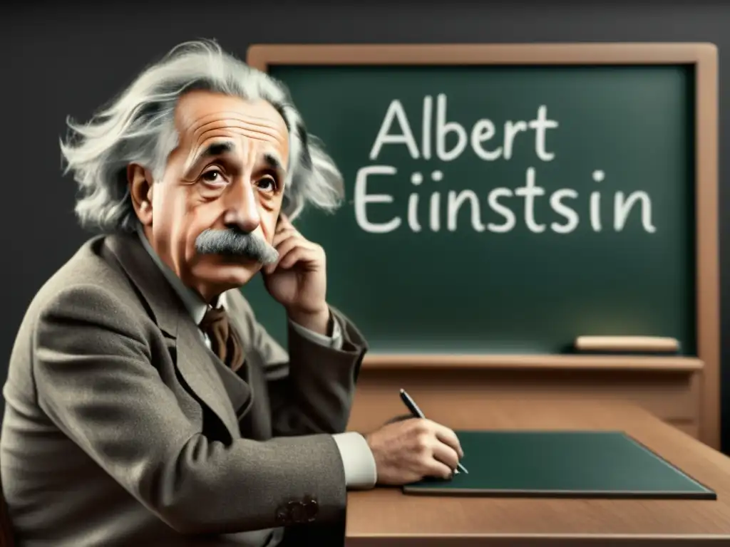 Albert Einstein pensativo en su escritorio, con ecuaciones en la pizarra y luz natural