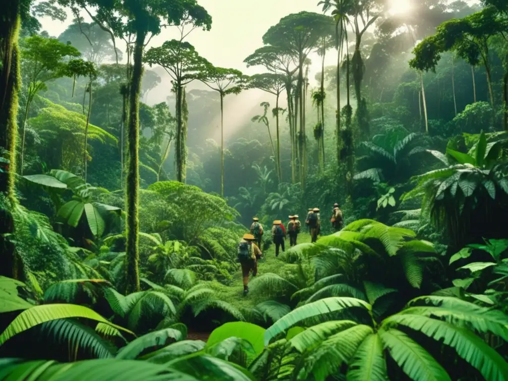 Expediciones del Amazonas en una densa selva tropical con exploradores y flora exuberante