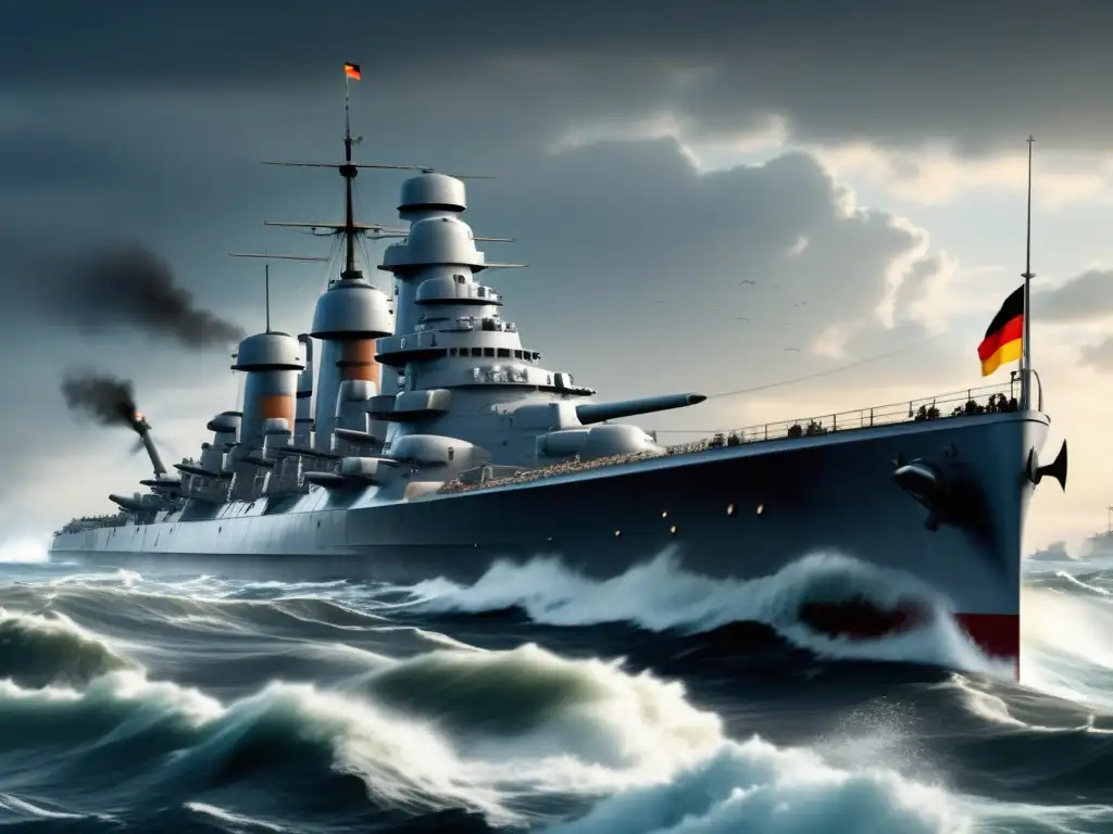 Bismarck: Poderío y drama en alta mar Imagen detallada en 8k del poderoso acorazado alemán Bismarck navegando en aguas turbulentas