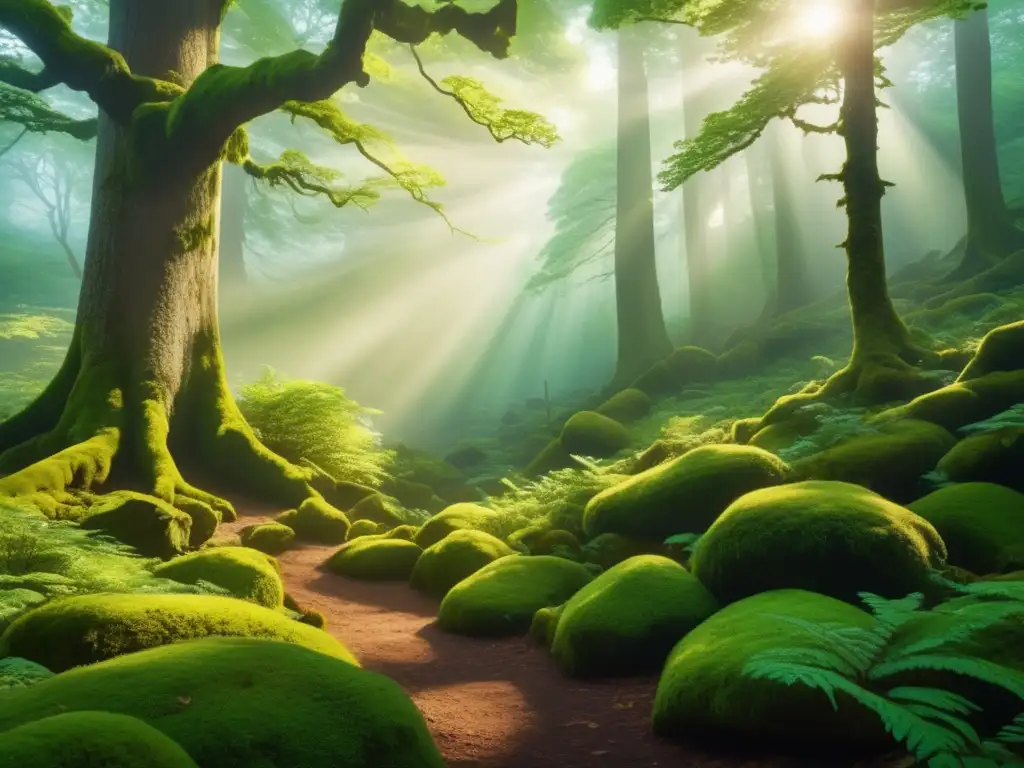 Bosque encantador y majestuoso, con árboles altos y frondosos, luz filtrada y una estética vintage