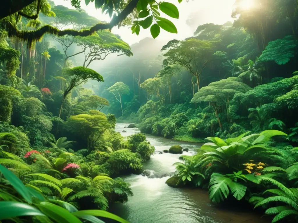 Innovaciones en la exploración: Lush rainforest with vibrant foliage, ethereal atmosphere