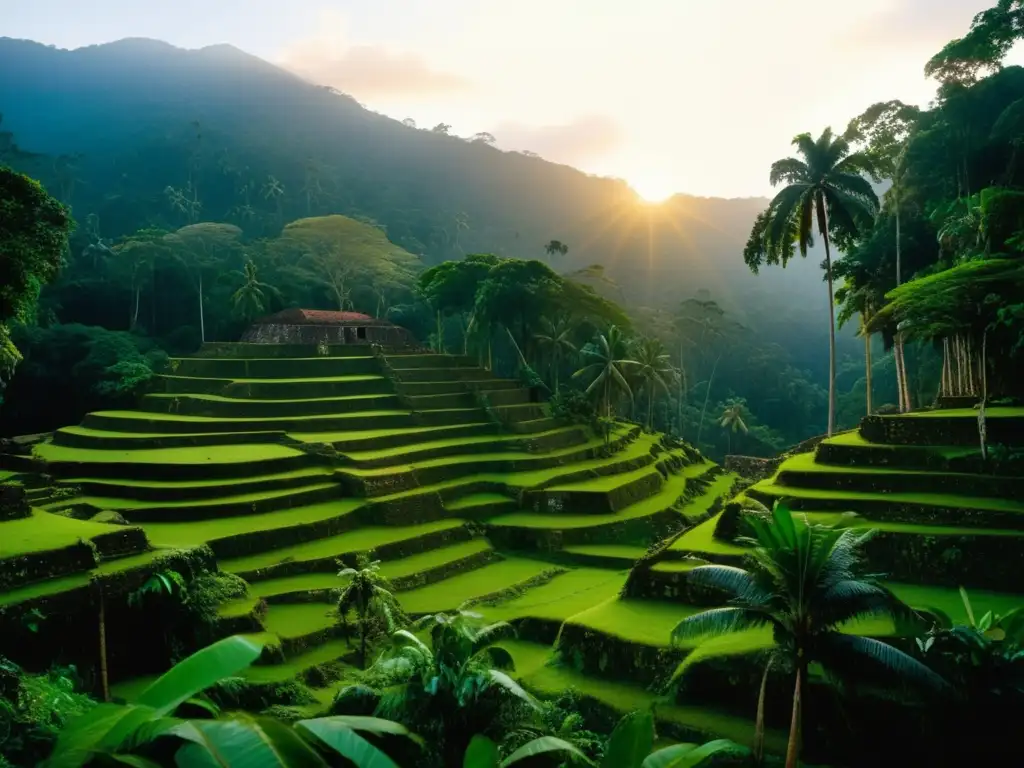 Fotografía vintage de la Ciudad Perdida de Z al atardecer, con ruinas misteriosas en la selva y exploradores analizando un artefacto