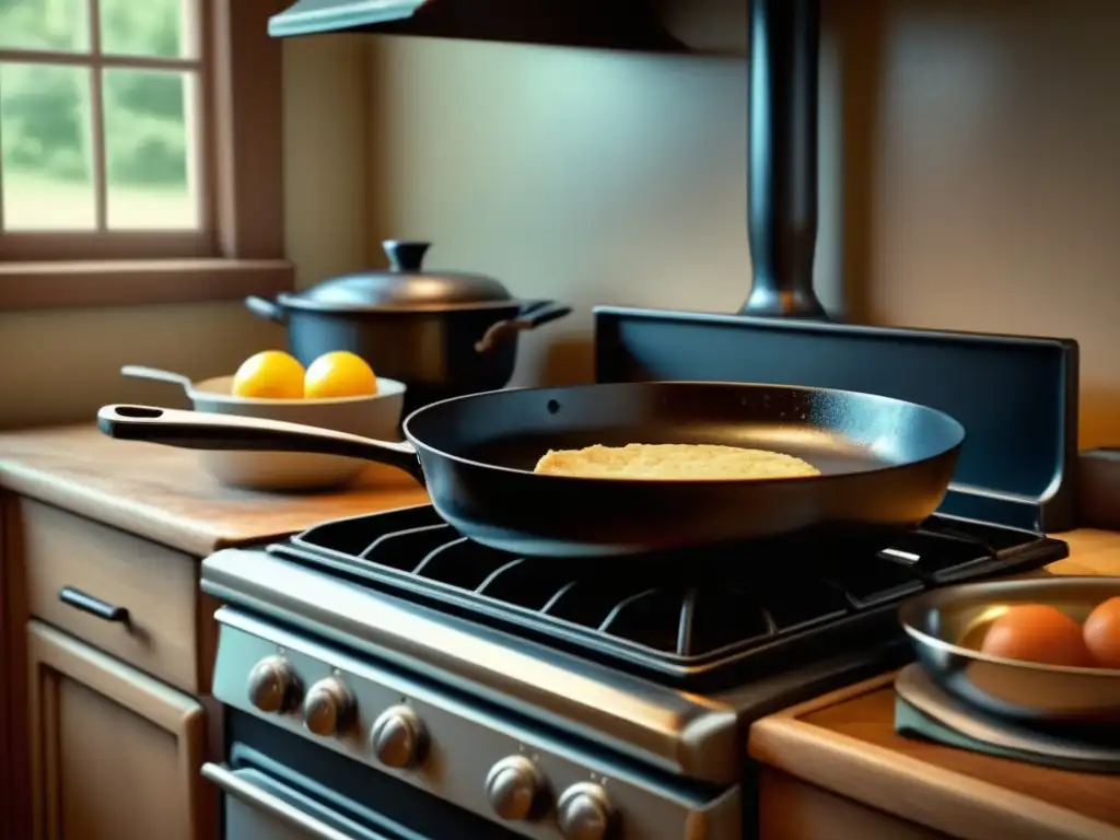 Escena de cocina vintage con sartén de hierro fundido desgastada y ambiente nostálgico