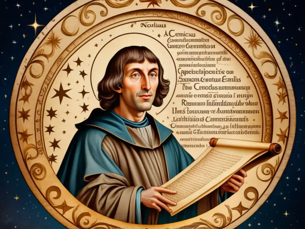 Ilustración detallada del astrónomo Nicolaus Copernicus bajo una cúpula celeste, representando descubrimientos científicos del siglo XVIII