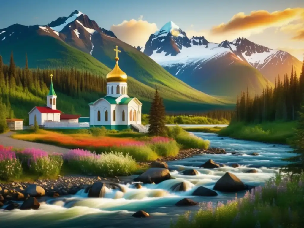 Las misiones ortodoxas en Alaska y su legado cultural: paisaje alaskano con montañas nevadas, río sereno, iglesia ortodoxa y ceremonia cultural