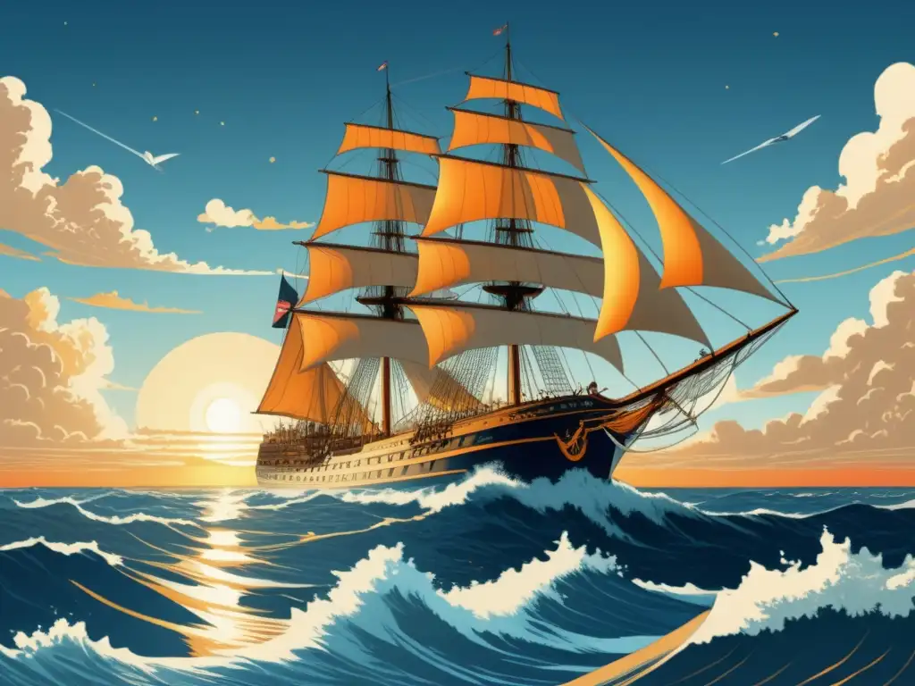 Descubriendo la evolución de la navegación marítima: una imagen detallada de un barco vintage navegando en un océano con cielo azul y atardecer dorado