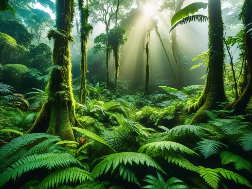 Conquista de la Amazonía: Bosque denso con árboles altos, río azul y vida salvaje en un paisaje mágico y nostálgico