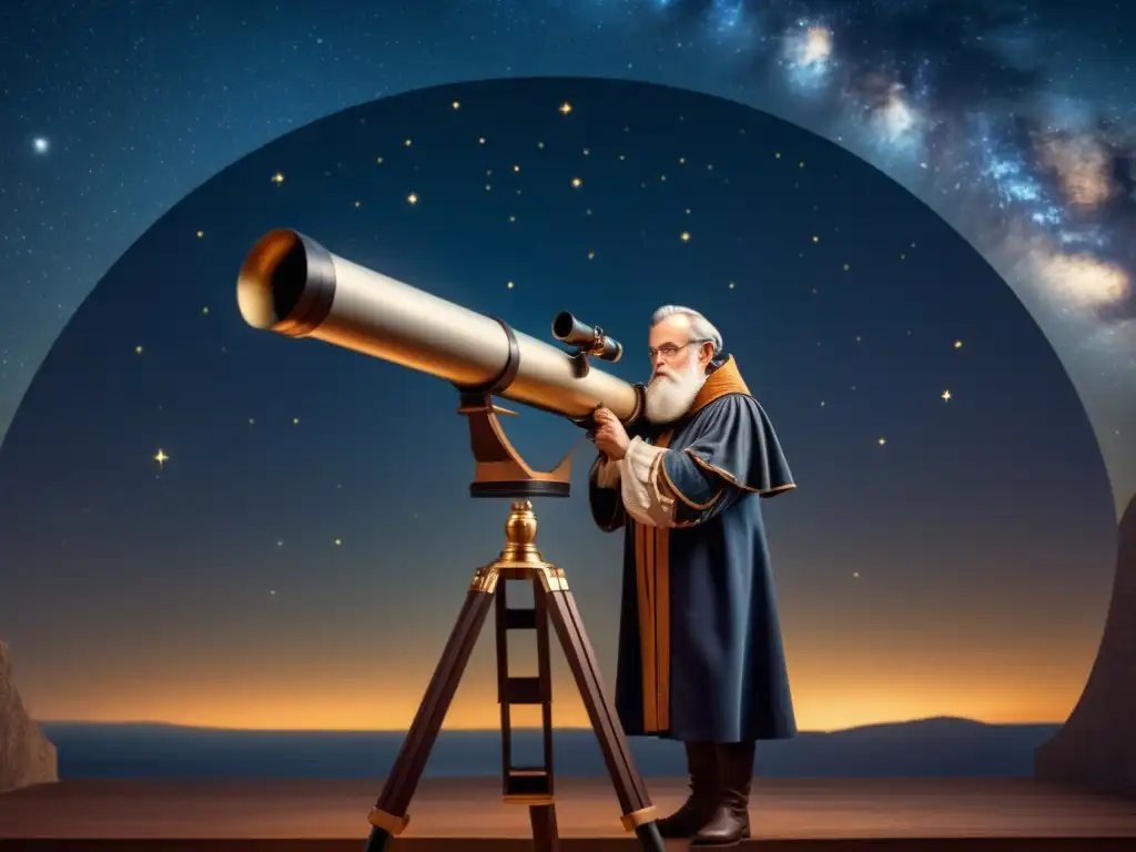 Galileo Galilei observando el cielo nocturno a través de un telescopio - Expedición de Galileo Galilei al cosmos