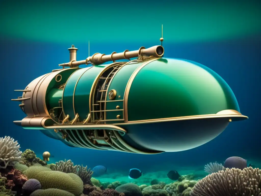 El Nautilus: Submarino que inspiró a Jules Verne, detalladamente representado en su hábitat marino vintage