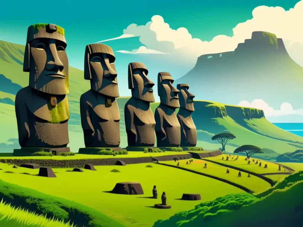 Un fascinante paisaje de la misteriosa Isla de Pascua con los icónicos moai y descubrimientos en Polinesia