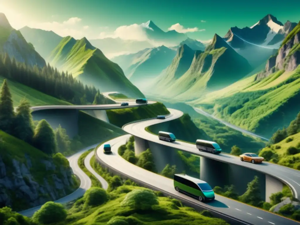 Paisaje montañoso con vehículos sostenibles Expediciones eco: tecnología transporte terrestre sostenible