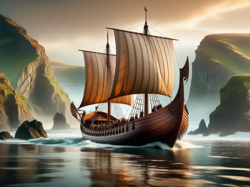 Los Vikingos: Revelando sus Grandes Expediciones en una imagen impactante de la era vikinga, con barco, guerreros y paisaje costero