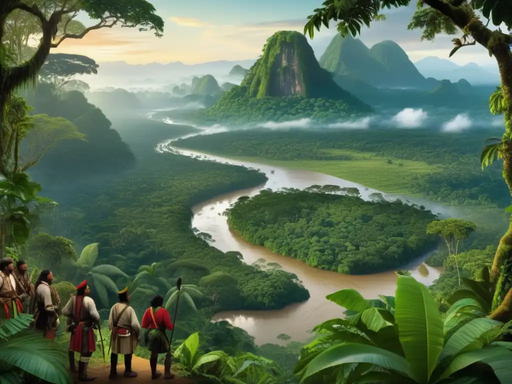 Detallada imagen de la expedición de Orellana al Amazonas en el siglo XVI, con la selva, exploradores y el río