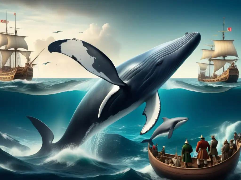 Animales en expediciones Siglo XV-XVI: ballena majestuosa, delfines y barco con vela