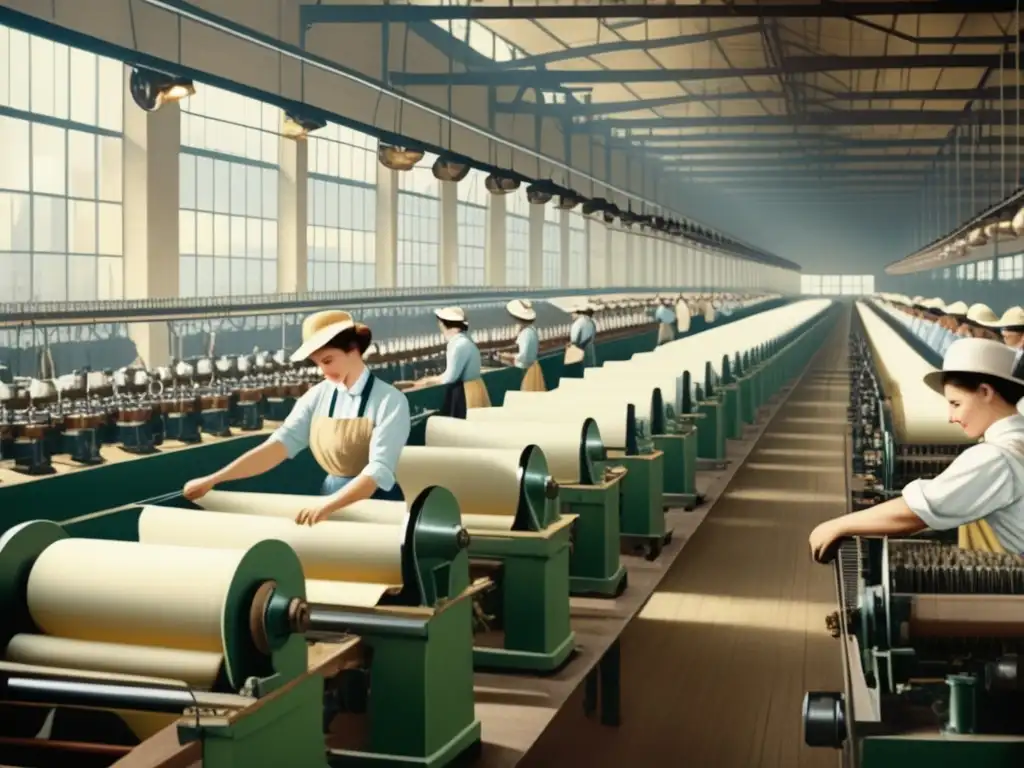 Revolución textil con nylon: fábrica llena de máquinas y obreros hábiles en ambiente industrial tradicional