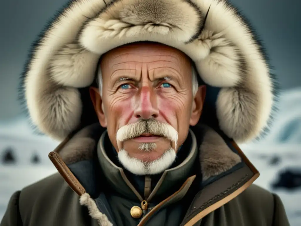 Exploración polar de Fridtjof Nansen en paisaje ártico con traje de expedición y brújula