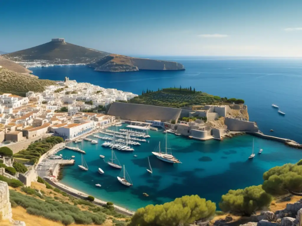 Antiguo puerto griego animado Imagen panorámica de un bullicioso puerto antiguo griego con triremes y quinquerremes: Las Naves de la Antigua Grecia