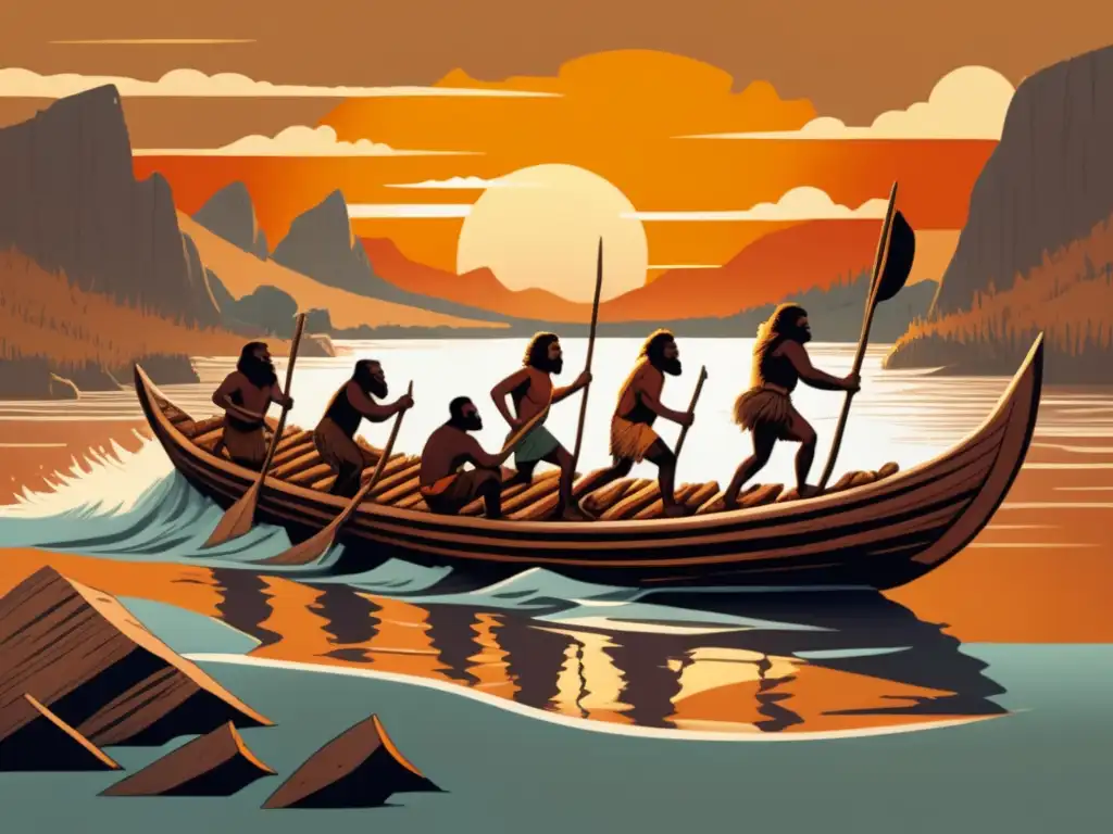 Ilustración vintage: humanos navegando en bote primitivo al atardecer