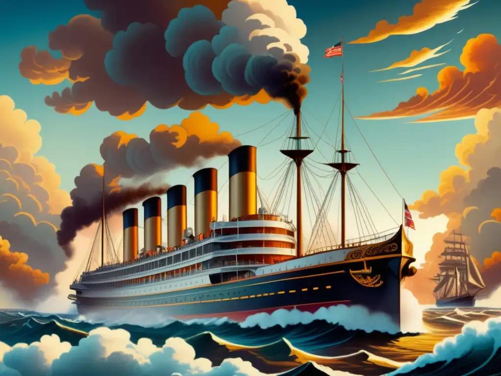 Ilustración vintage de un majestuoso barco de vapor en el océano, reflejando la revolución de los viajes marítimos con tecnología de vapor