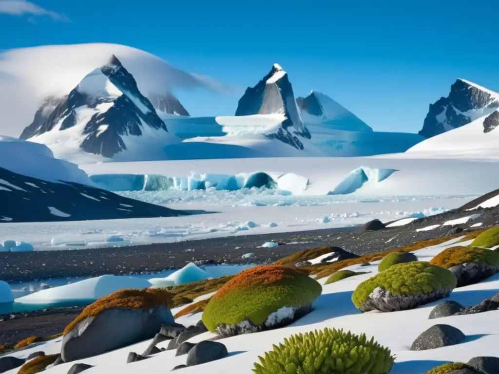 Una expedición a la Antártida: paisaje helado con montañas nevadas y plantas endémicas vibrantes