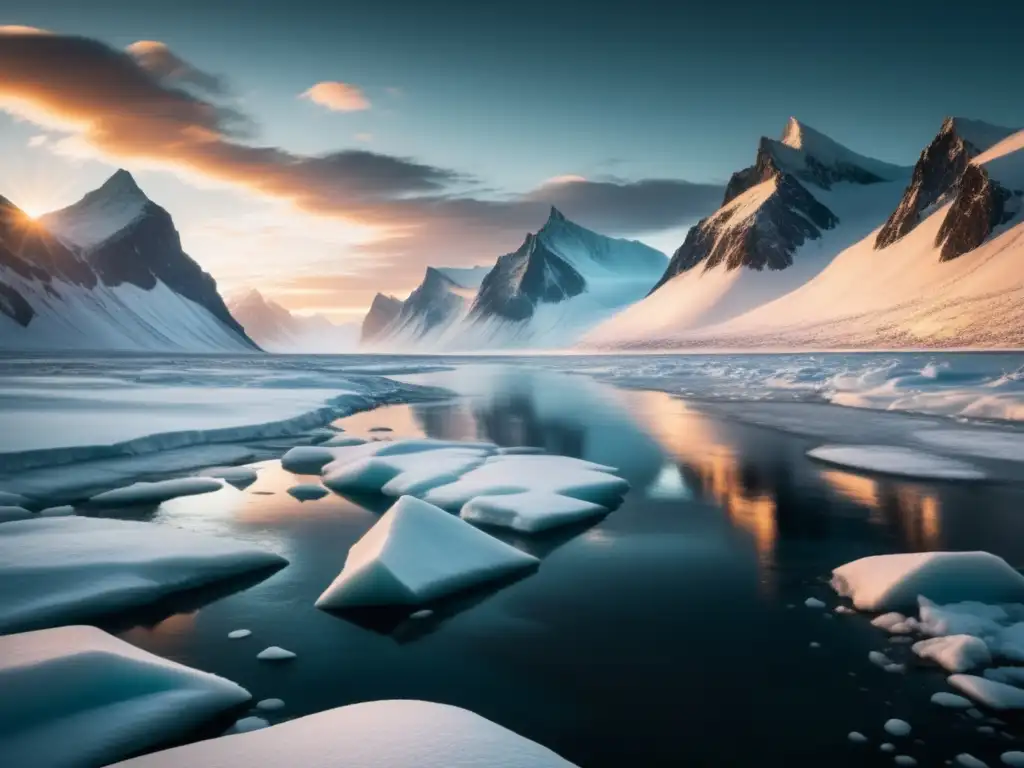 Paisaje helado en el Ártico: montañas nevadas, río congelado y puesta de sol