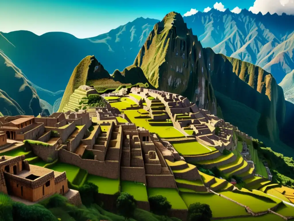 Ilustración vintage de la civilización Inca en su máximo esplendor, con una ciudad bulliciosa rodeada de montañas y valles verdes