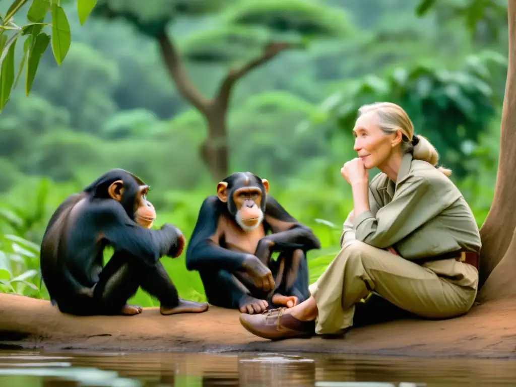 Jane Goodall observando chimpancés en Gombe Stream National Park, su hábitat natural