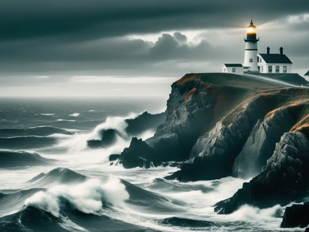 Fotografía en blanco y negro: lighthouse en acantilado, barco navegando con radar