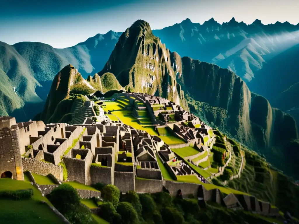 Descubrimiento de Machu Picchu en foto vintage de gran detalle, con ruinas incas y montaña Huayna Picchu