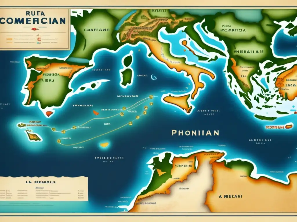 Mapa detallado de las rutas comerciales fenicias en el Mediterráneo, con ilustraciones de ciudades, puertos y barcos fenicios transportando mercancías