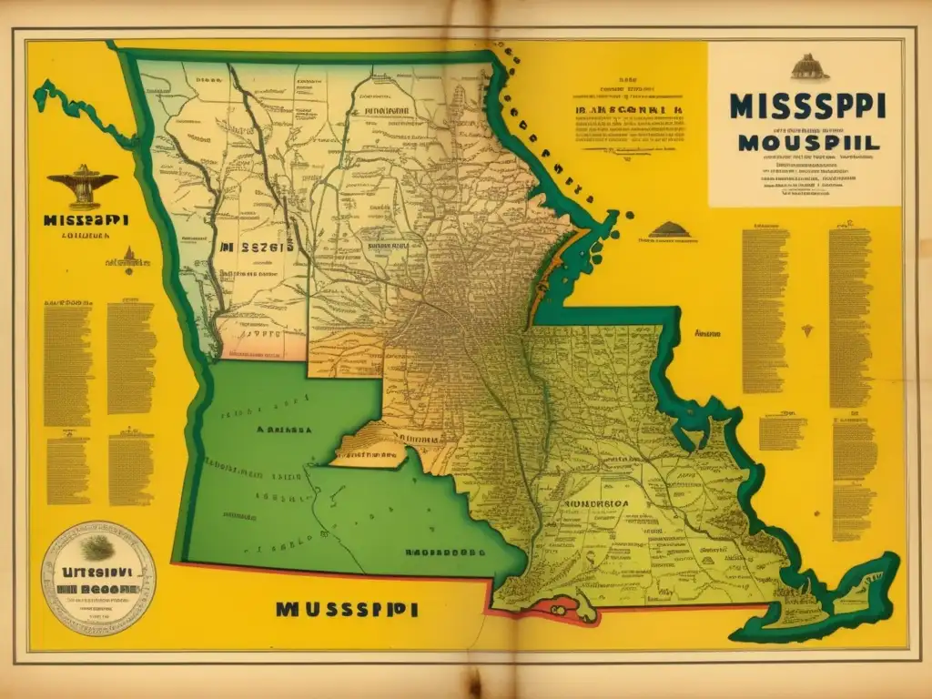 Mapa vintage de montículos de Mississippi, detallado en 8k con ilustraciones de distintos tipos y ubicaciones geográficas