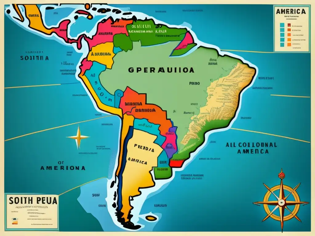 Mapa vintage de Sudamérica con detalles y colores vibrantes