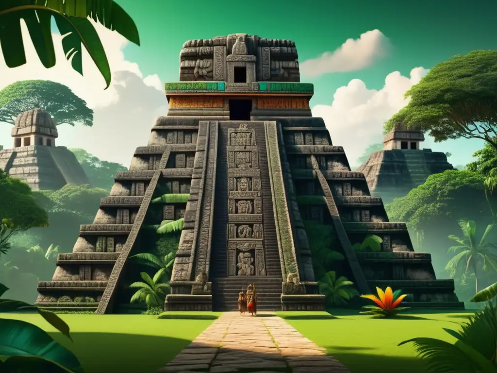 Descubrimientos de los Mayas: ilustración detallada de la antigua civilización con templo, vegetación exuberante, río y aves tropicales