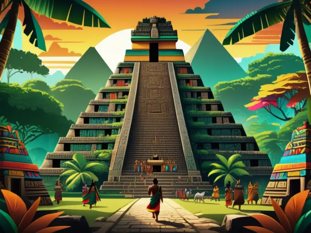 Descubrimientos de las civilizaciones Mayas: ilustración detallada en 8k de una ciudad Maya vibrante, con templos y gente en actividades diarias