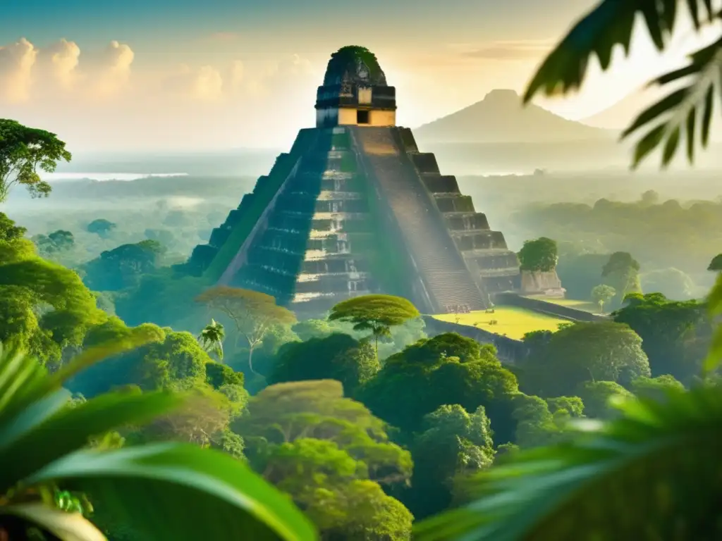 Descubrimientos de los Mayas: Imagen detallada de Tikal, antigua ciudad maya, emergiendo de la selva con pirámides y carvings