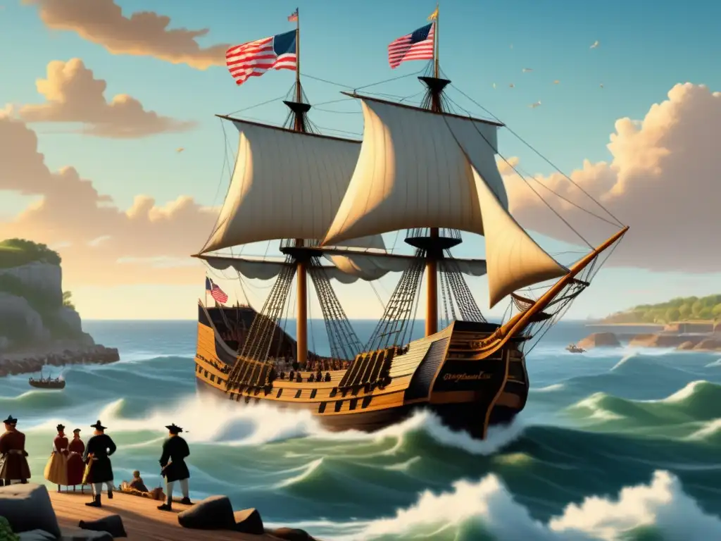 Llegada de Mayflower a Plymouth Rock Ilustración vintage del histórico momento del desembarco del Mayflower en Plymouth Rock: El barco que cambió el destino de América