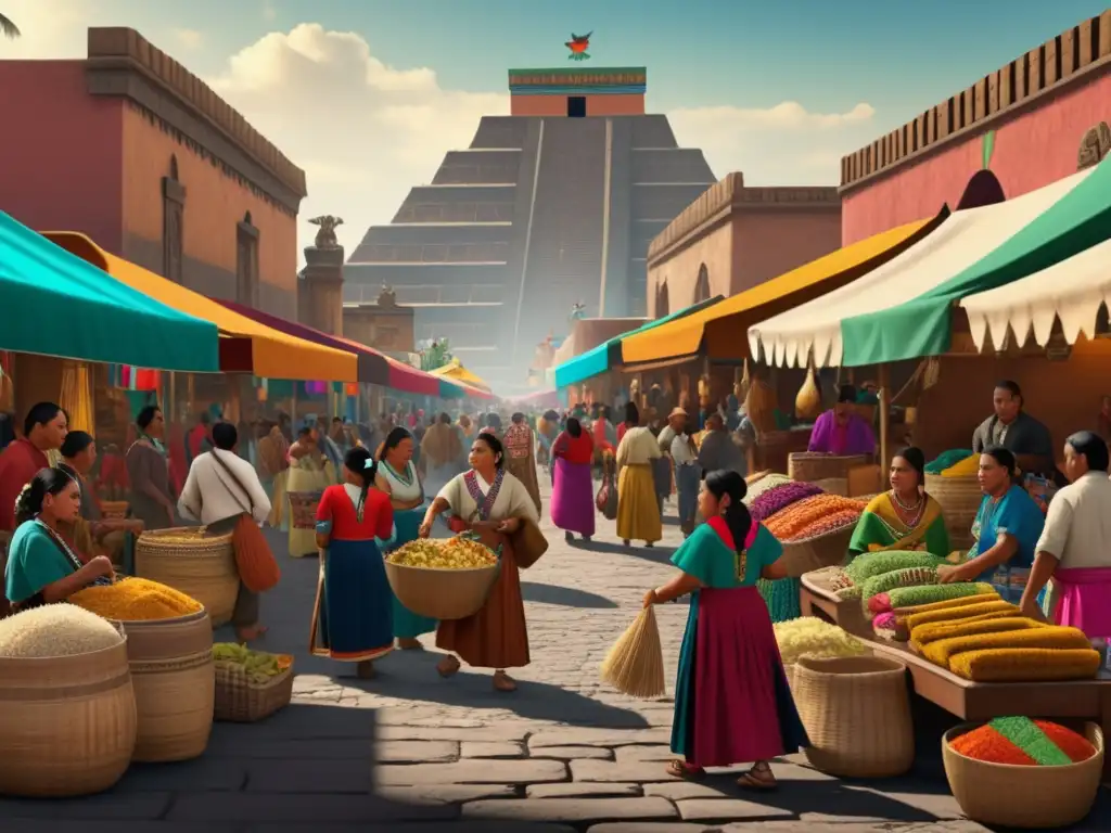 Mercado bullicioso en Tenochtitlan, antes de la conquista de México