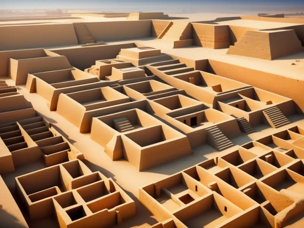 Imagen detallada en 8k de la antigua ciudad de MohenjoDaro, con estructuras arquitectónicas impresionantes y diseño urbano intrincado