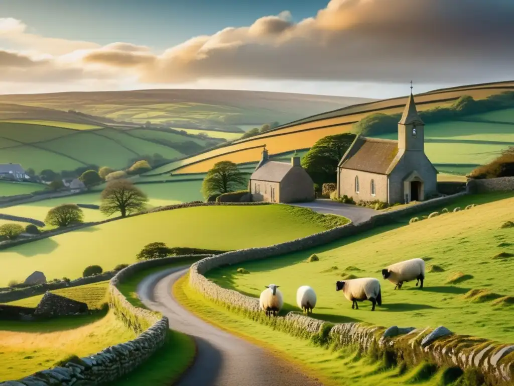 Paisaje irlandés vintage con colinas verdes, cabañas de piedra, ovejas y un camino hacia un pueblo con iglesia de San Patricio