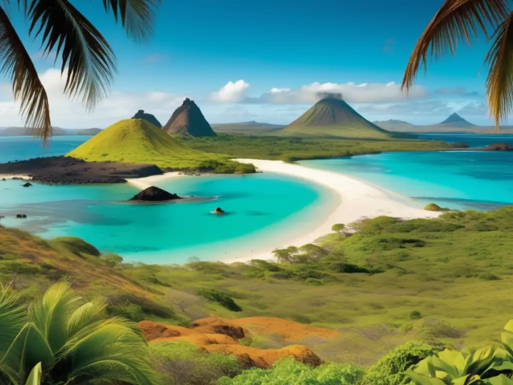 Paisaje vintage de las Islas Galápagos: playas doradas, bosques tropicales y picos volcánicos